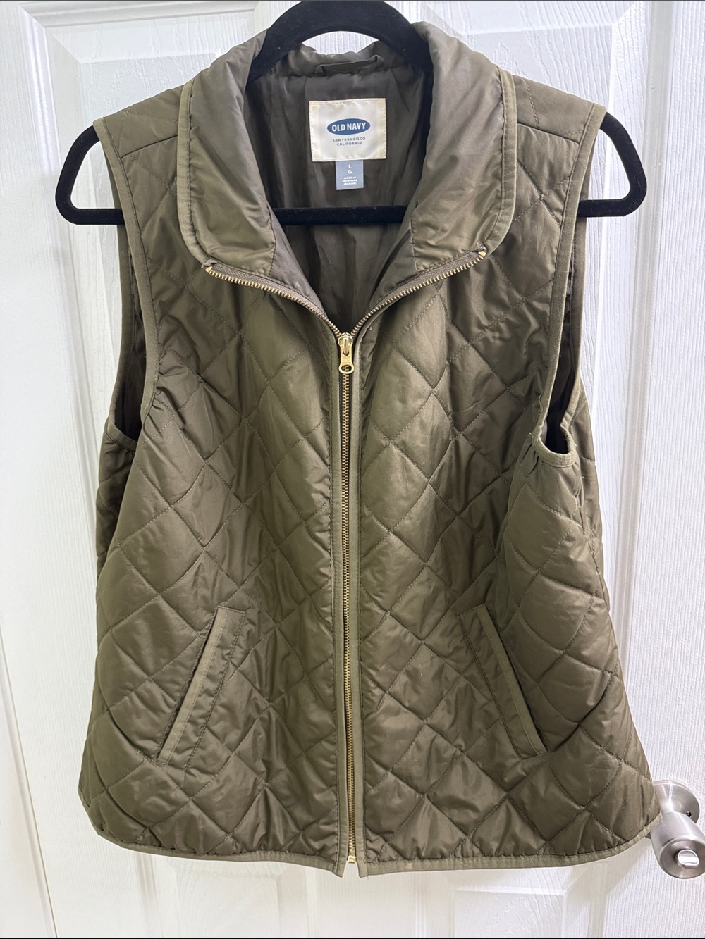 Old Navy Quilted Olive Vest with Gold Zipper